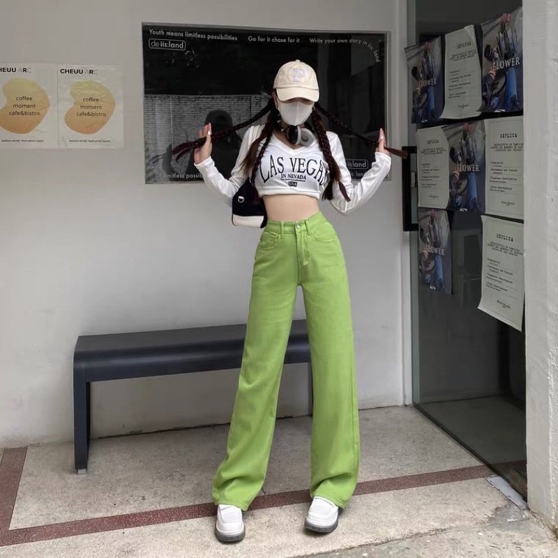 Quần jeans xanh bơ ống rộng lưng cao màu trơn đơn giản