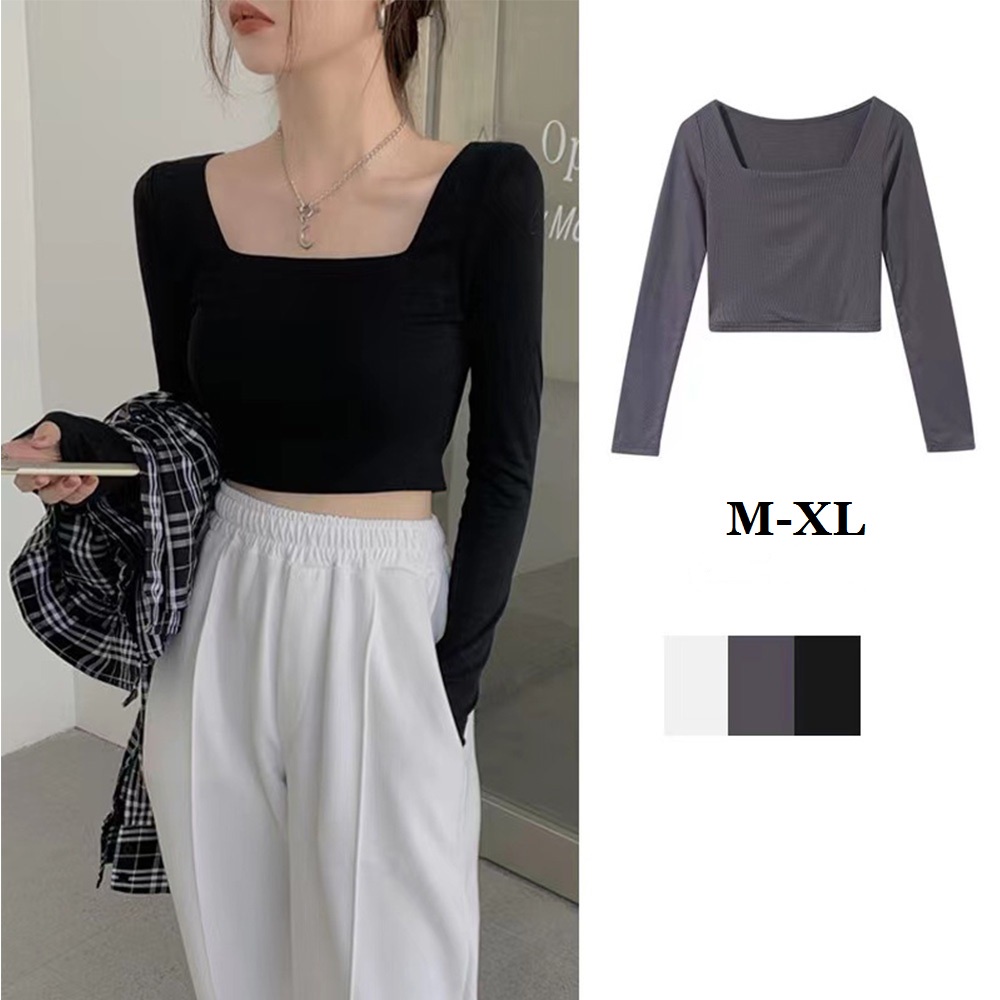 Áo Croptop Tay Dài Cổ Vuông Màu Trơn Co Giãn Phong Cách Hàn Quốc 3 Màu Tùy Chọn
