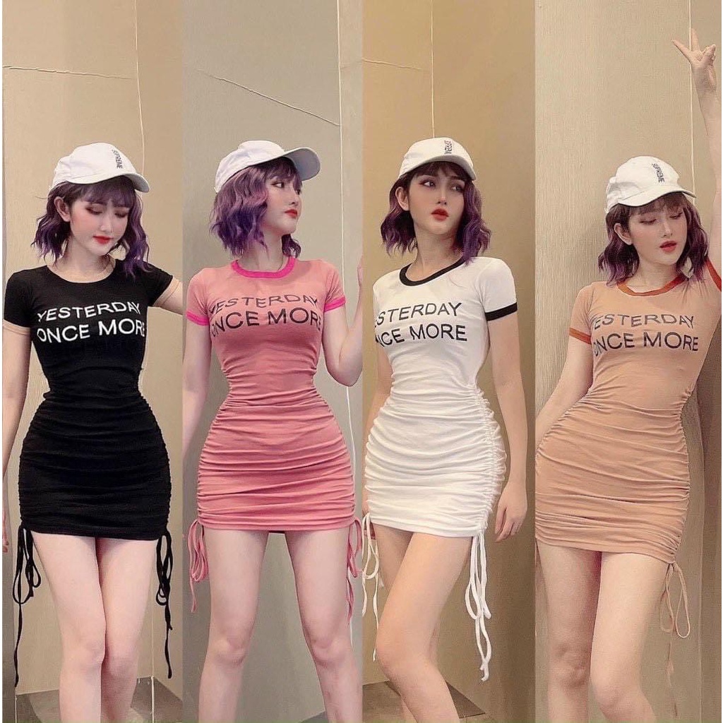 Đầm ôm body tay ngắn cổ tròn rút dây hai bên có in chữ, có 3 màu, chất thun borip co giãn tốt MIDORI247