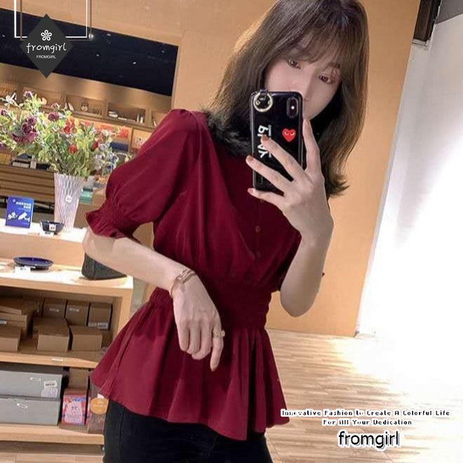 Áo Sơ Mi Voan Cổ Chữ v Tay Ngắn Thắt Eo Mới Thời Trang Mùa Hè Dành Cho Nữ 2022