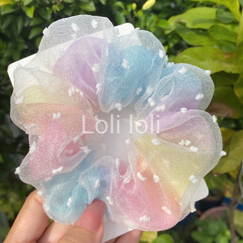 [GIÁ HUỶ DIỆT] Scrunchies cột tóc hai hớp cầu vồng bông bi. buộc tóc hai lớp cầu vồng thêu hoa dễ