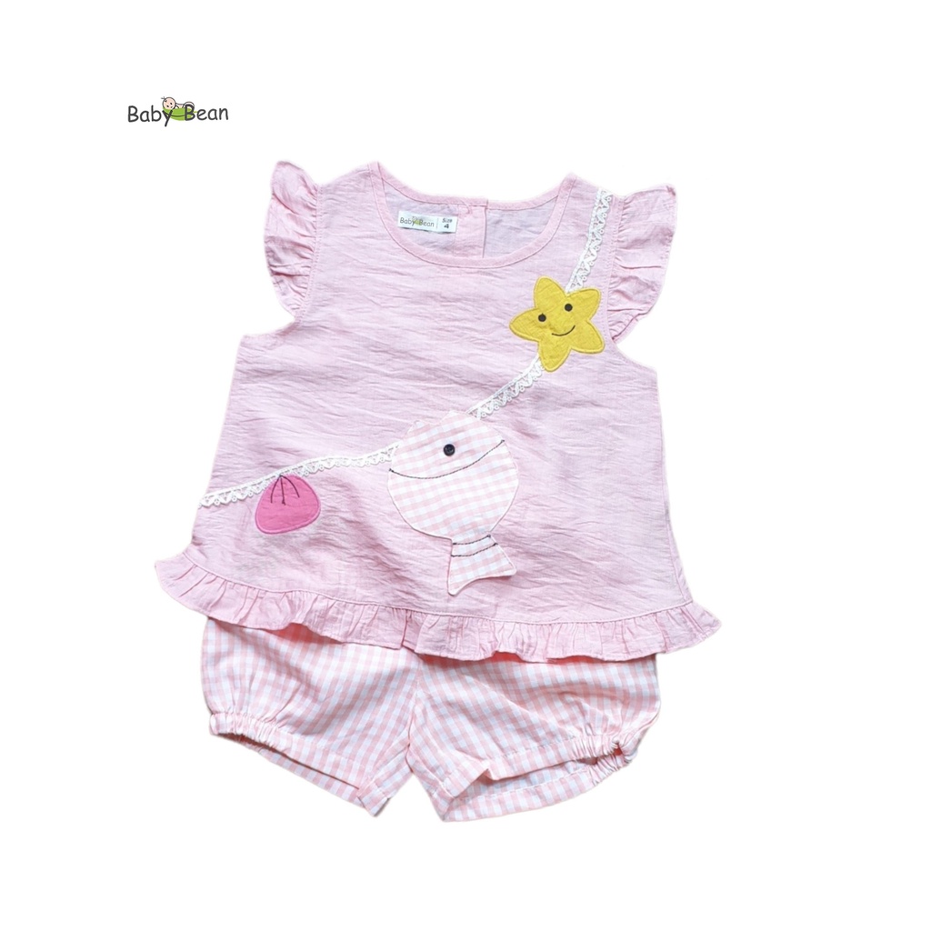 Bộ Đồ Đũi Tay Tiên Quần Caro Thêu Hình Cá Bé Gái BabyBean