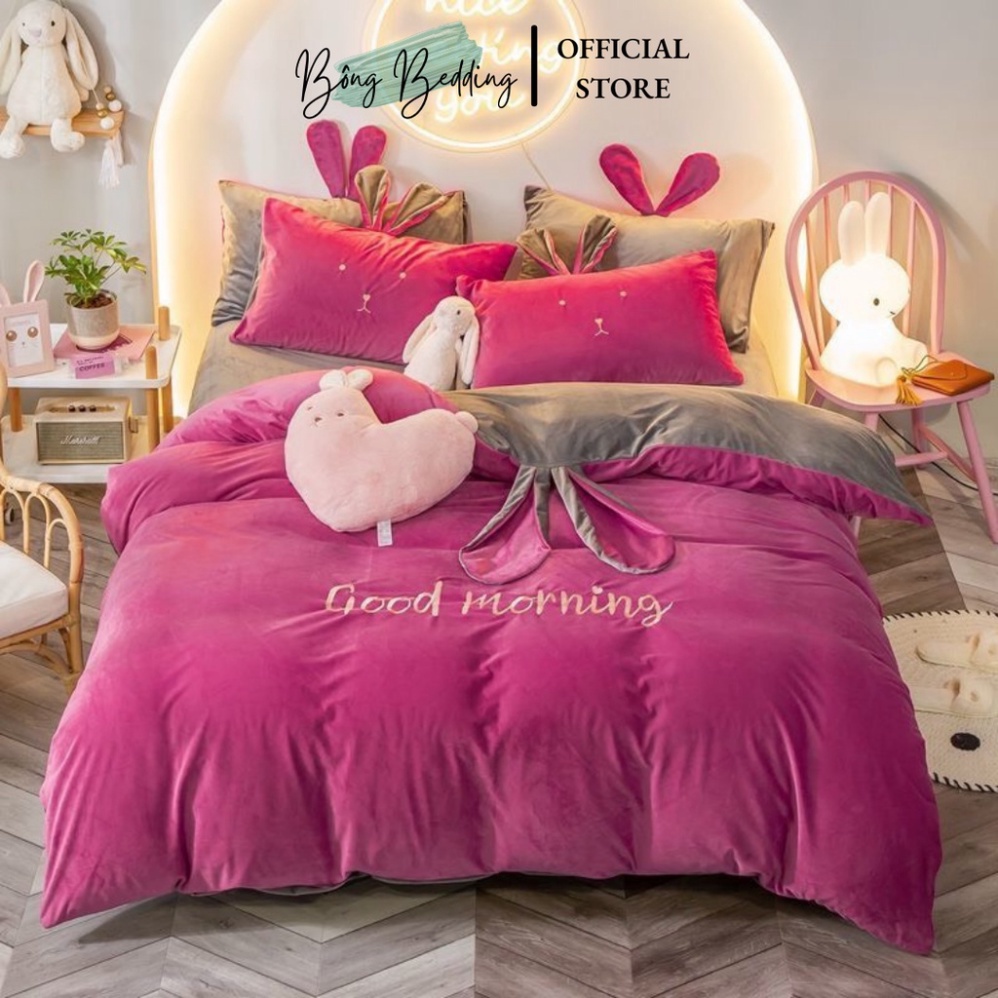 Bộ Chăn Ga Gối Nỉ Nhung Tai Thỏ Siêu Đáng Yêu Vải Nỉ Mềm Mịn | BigBuy360 - bigbuy360.vn