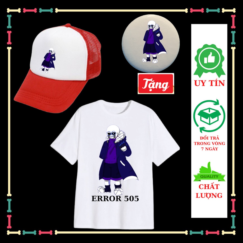 Set áo thun Error 505 Sans undertale trẻ em, Mũ lưỡi trai Error 505 Sans bé trai, bé gái, huy hiệu Error 505