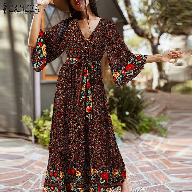 Zanzea Đầm Tay Loe Cổ Chữ V In Họa Tiết Phong Cách Bohemian Dành Cho Nữ