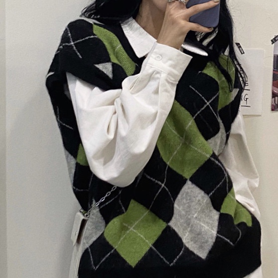 Áo dệt kim không tay họa tiết hình thoi phong cách Retro Anh Quốc