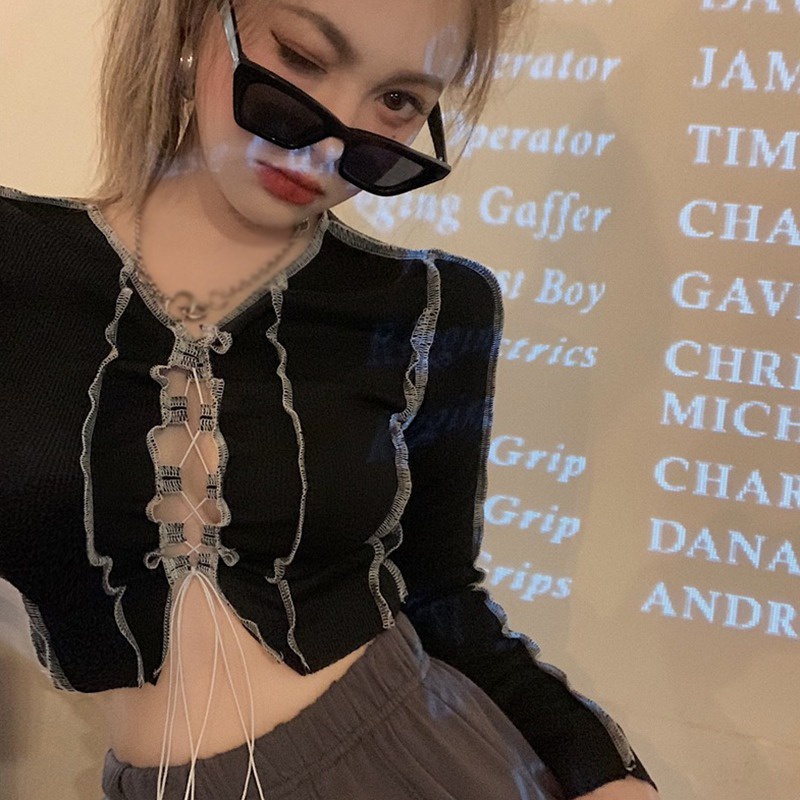 Áo Thun Nữ Tay Dài Cổ Chữ V Khoét Sâu Gợi Cảm