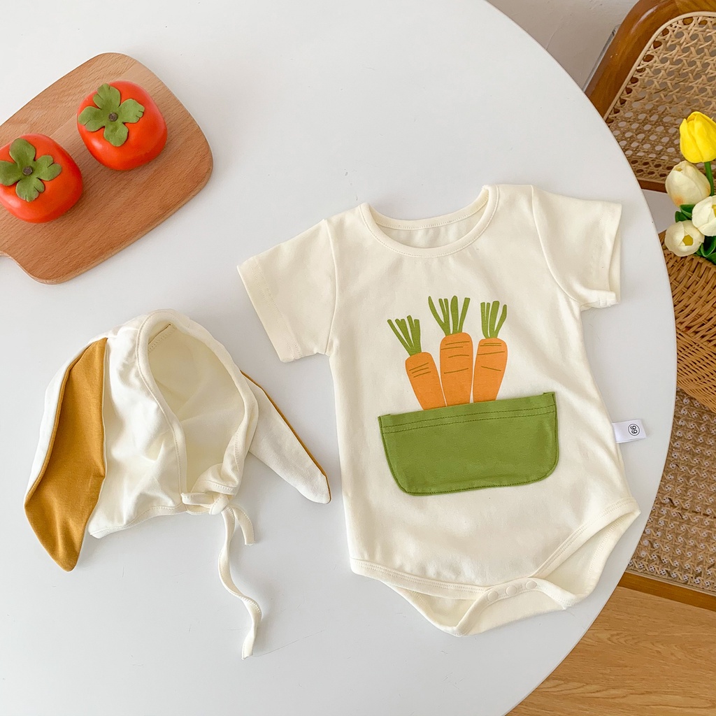 Bộ Áo Liền Quần Cotton Tay Ngắn In Hình Củ Cà Rốt + Mũ Dễ Thương Thời Trang Mùa Hè Cho Bé