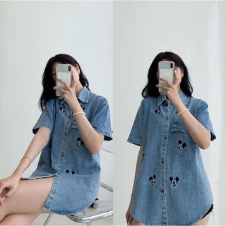 Áo sơ mi jean nữ thêu hình mickey túi trước tay ngắn freesize Pumi