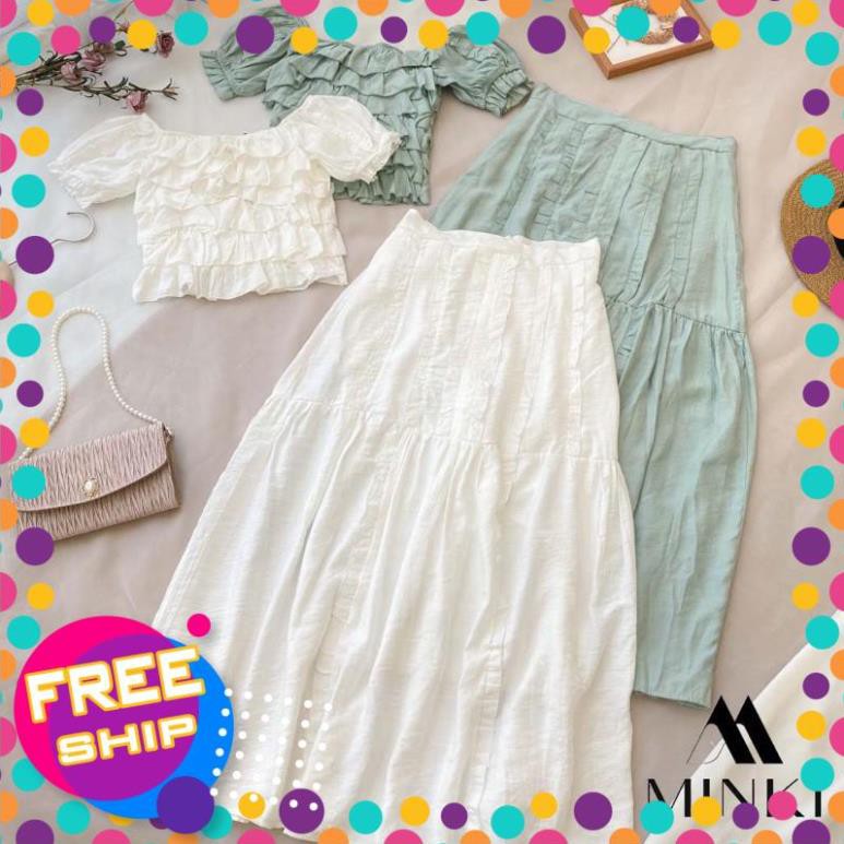 [SALE_SỐC_45%] [HÀNG THIẾT KẾ] SET ÁO BÈO NHÚN + CHÂN VÁY DÀI - CHẤT LANH LỤA NHẬP KHẨU - MÀU XANH/ TRẮNG [SIÊU PHẨM] | BigBuy360 - bigbuy360.vn