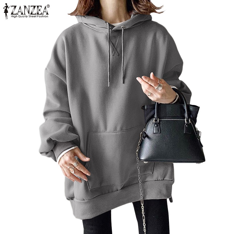 Áo Hoodie ZANZEA Cổ Tròn Tay Dài Màu Trơn Cho Nữ 
