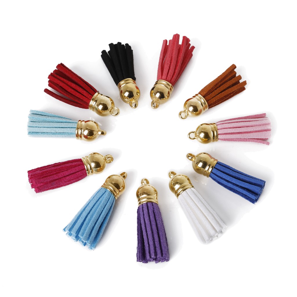 Phụ kiện dây tua rua BEADIA bằng da lộn phối polyester 35mm đầu nối bạc dùng trang trí điện thoại di động/ thắt lưng