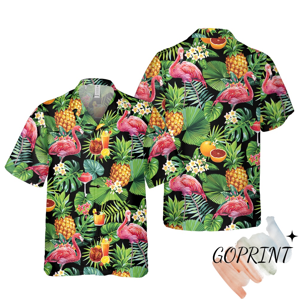 Áo sơ mi ngắn tay hoạ tiết chim hồng hạc flamingo hoa quả rừng cây nhiệt đới Hawaii đi biển du lịch cho cặp đôi nhóm
