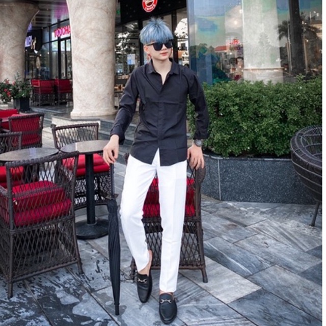 Quần tây âu nam màu trắng vải dày co giãn không bai màu không xù ống côn dáng Hàn Quốc