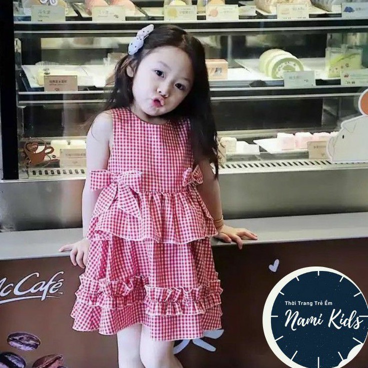 [VẢI MỀM ĐẸP] VÁY TẦNG MINKY MOM CHO BÉ GÁI  ĐÍNH NƠ SAU CHẤT KATE MỀM RŨ HỌA TIẾT KẺ SỌC MÀU ĐỎ CHO BÉ 1  - 6 TUỔI