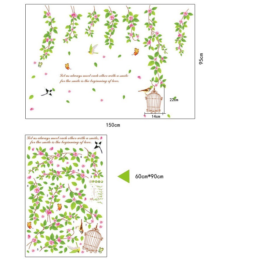 Decal dán tường shopee Giàn lá cây và lồng chim cao cấp trang trí phòng đẹp