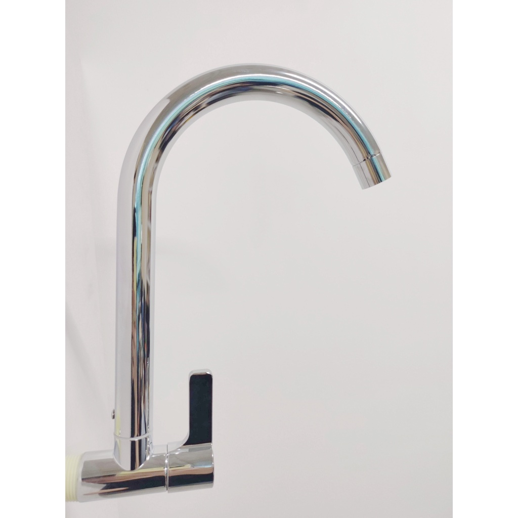 Vòi rửa chén bát lạnh gắn tường thân cứng inox 304 mạ màu bạc cao cấp