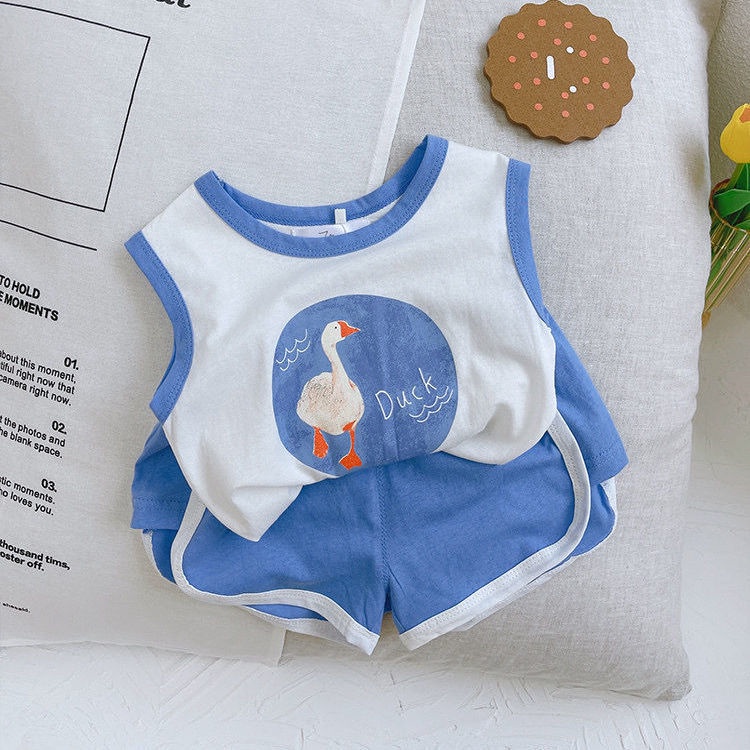 Bộ Áo Thun Sát Nách In Hoạt Hình + Quần Short Thời Trang Mùa Hè Hàn Quốc Cho Bé Trai