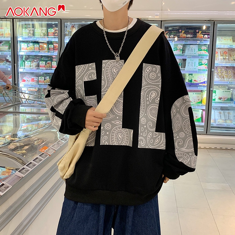 Áo sweater AOKANG cổ tròn dáng rộng phong cách hip hop Âu Mỹ cá tính cho cặp đôi