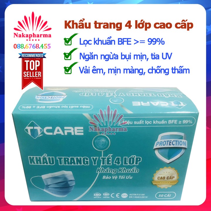 Khẩu Trang Y Tế 4 Lớp Kháng Khuẩn TTCare Cao Cấp - Lọc vi khuẩn 99%, chống tia UV bảo vệ da, ngăn bụi mịn