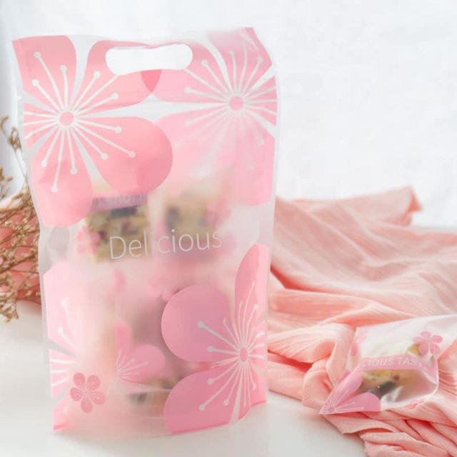 Set 10 túi ZIP zipper HOA ĐÀO đựng bánh qui, quy, kẹo Nougat