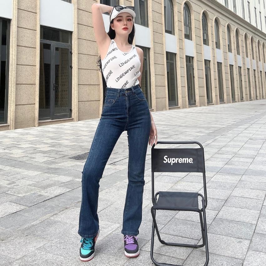 Quần jean ống loe Jeanny Jeans nữ lưng cao trơn dài co giãn chất đẹp hàng cao cấp  LY0883