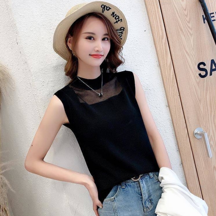 ☞〖Áo yếm ngắn gợi cảm〗 Mặc bên ngoài Vest nửa cao cổ Ice Silk Linen Áo len dệt kim bên trong Không tay Áo trên của phụ nữ