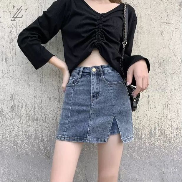 Chân váy jean lưng cao dáng chữ A thời trang xuân hè 2021 sành điệu cho nữ - Hàng nhập khẩu