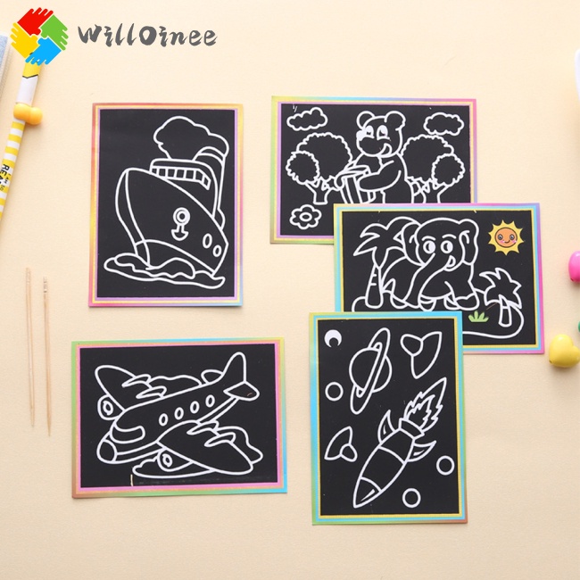 WILLOINEE COD Đồ chơi vẽ tranh cạo ma thuật DIY hình dạng ngẫu nhiên giáo dục cho trẻ em (Họa tiết ngẫu nhiên)