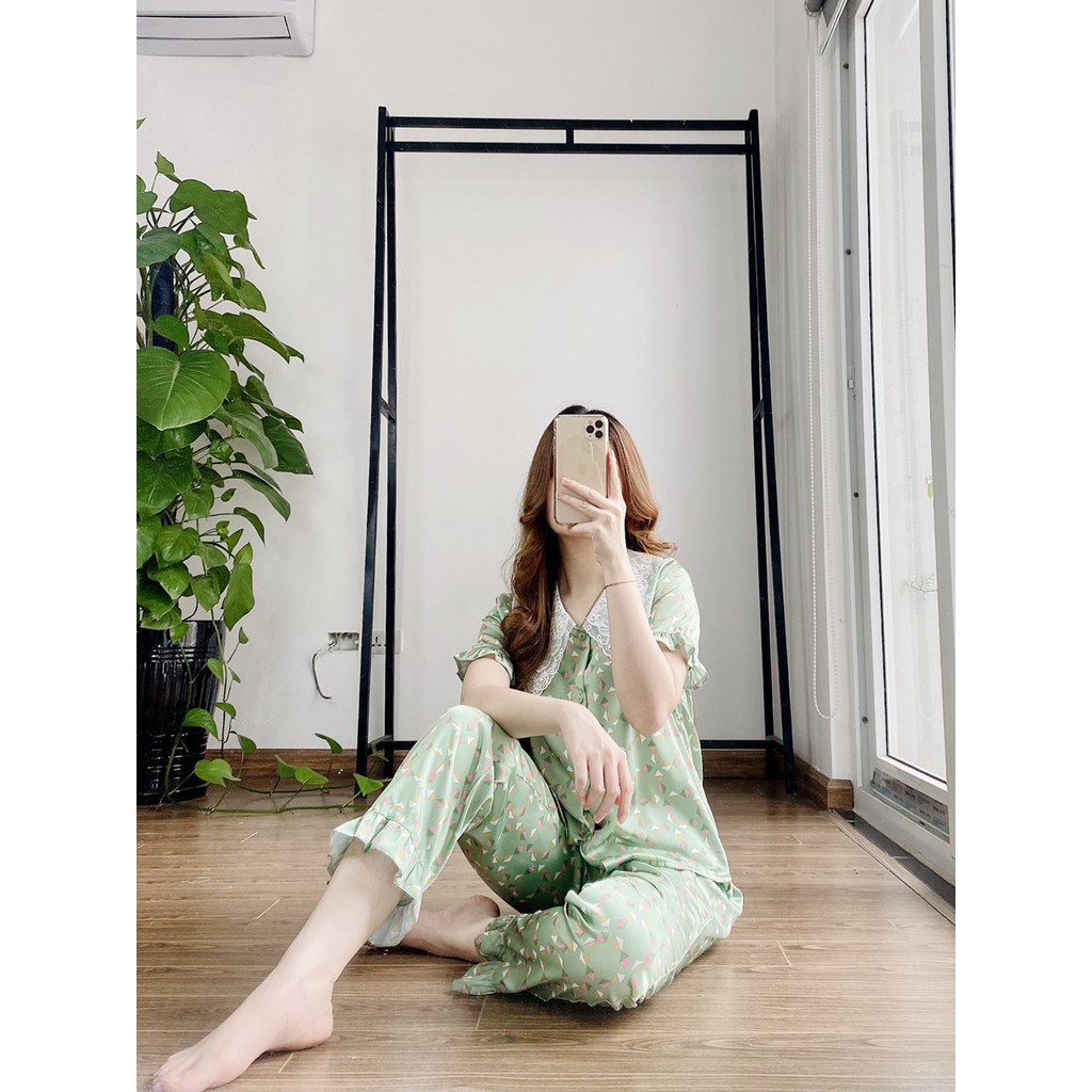 Bộ Pijama lụa giấy NOHK cao cấp mặc nhà cộc tay quần dài họa tiết tay bồng