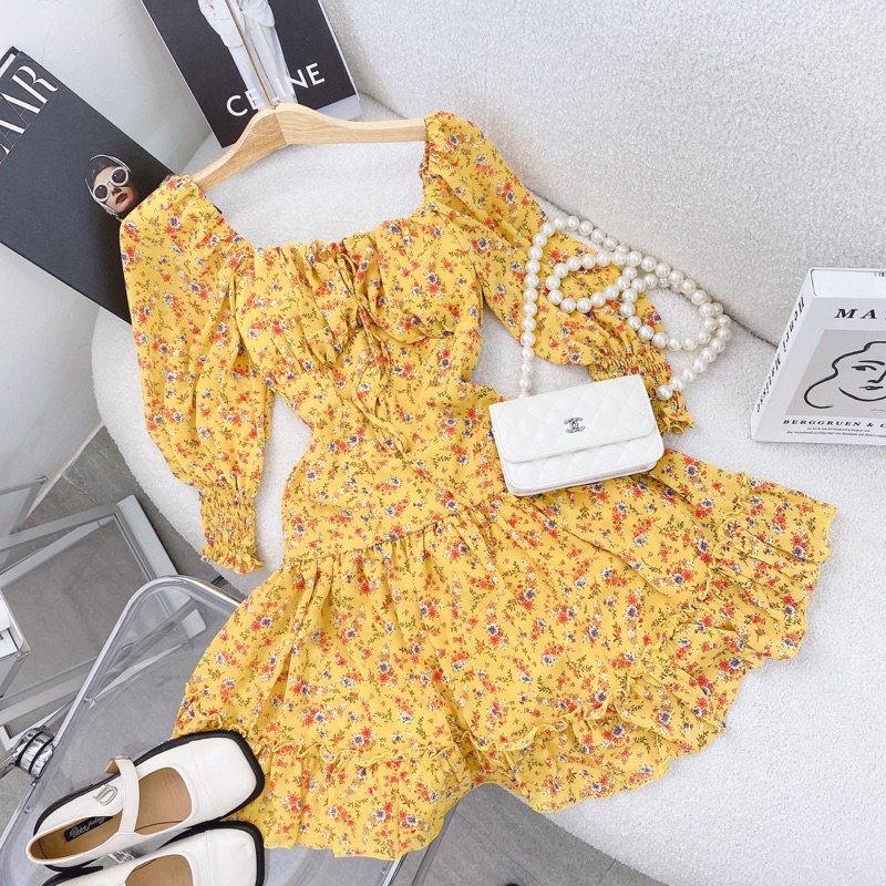 ĐẦM HOA CÚP NGỰC TAY DÀI BO XOÈ