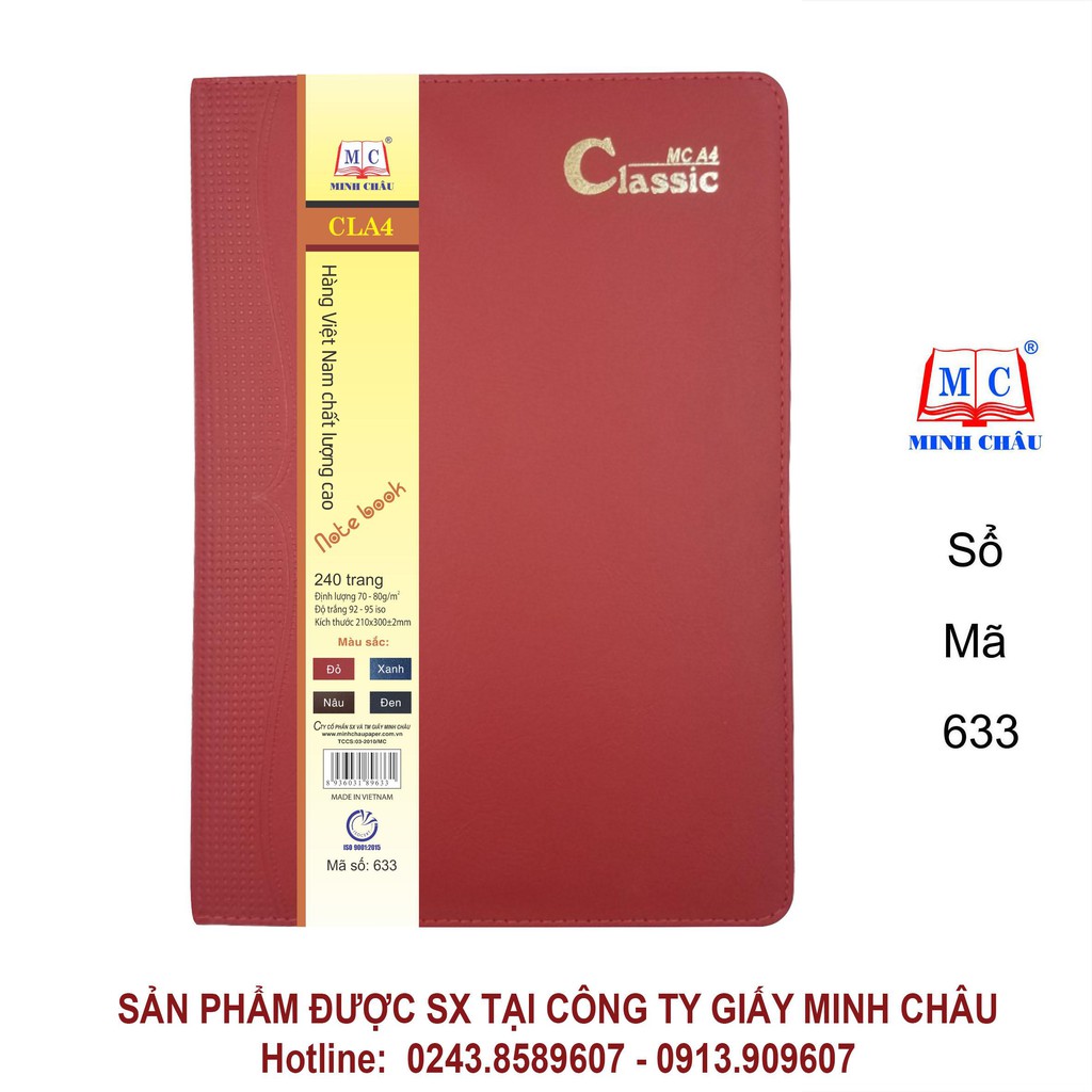 Sổ Classic A4 Minh Châu bìa da có đệm mút và may viền bền đẹp, sang trọng, 4 màu, 3 loại số trang (633-634-636)