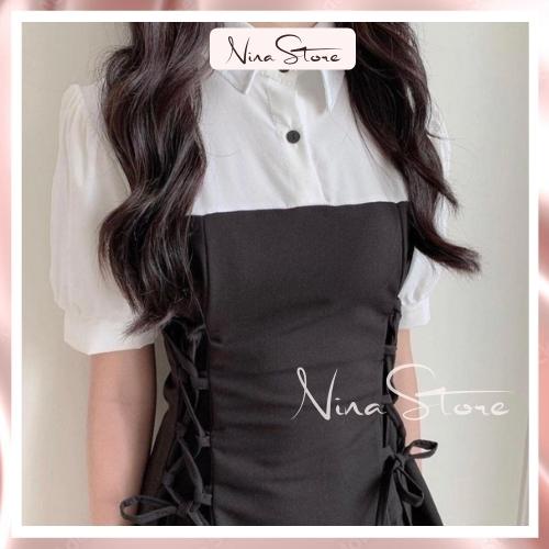 Váy nữ đầm nư cổ sơ mi tay lỡ đan dây eo dáng xòe tiểu thư chất đũi lụa mềm mịn ulzzang hottrend hàn quốc NinaStore