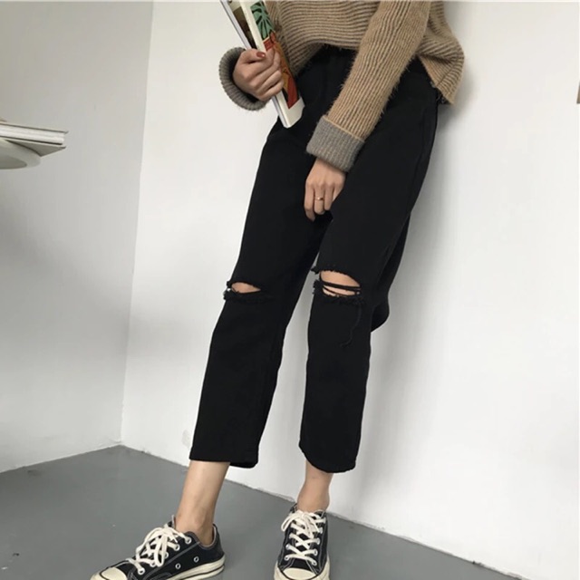 [ SẴN xl đen ] Quần baggy rách gối ulzzang / quần baggy jean suông _ có ảnh thật cuối