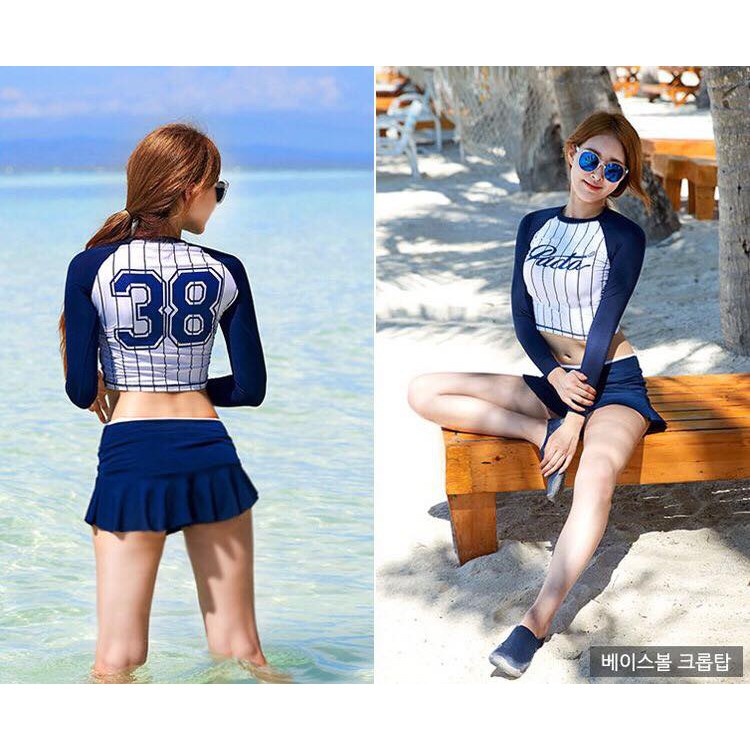 BIkini bộ bơi dài tay năng động, họa tiết sọc thời trang