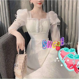 Đầm gấm xòe phồng cổ vuông tay phồng kèm ảnh thât