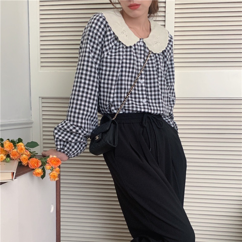 Áo sơ mi SUXI tay dài dáng rộng phối ren thêu họa tiết dễ thương phong cách Hàn Quốc thời trang cho nữ