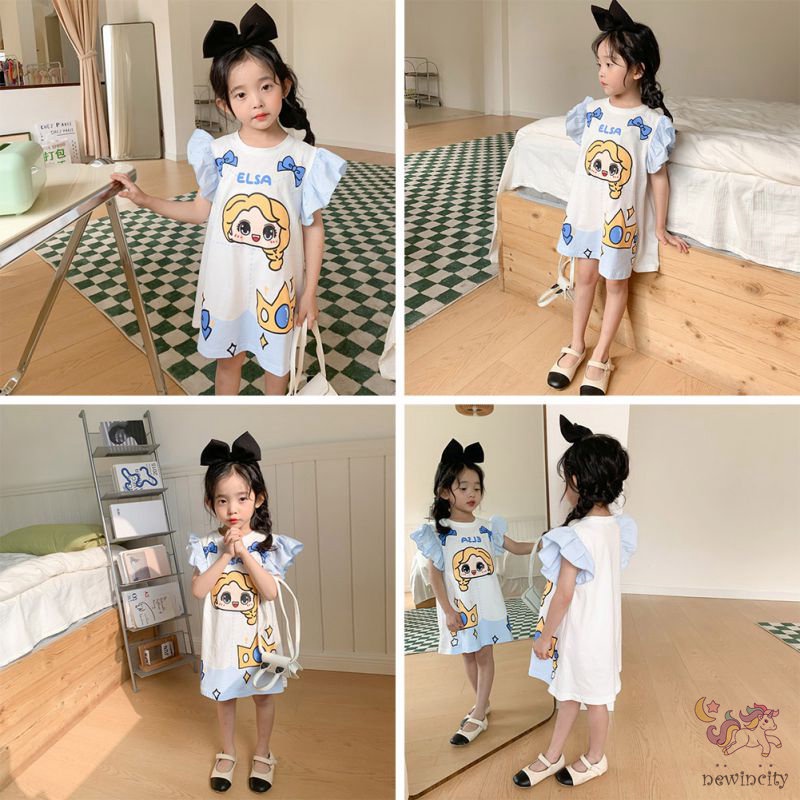 Đầm Cotton Ngắn Tay In Hoạt Hình Aisha Kiểu Hàn Quốc Đáng Yêu Cho Bé Gái