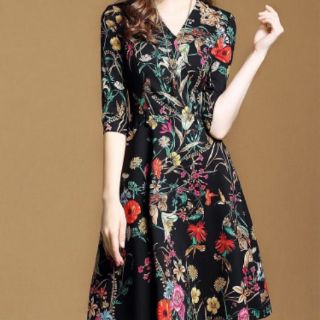 ĐẦM XÒE HOA THUN LỤA IN HOA ĐỎ