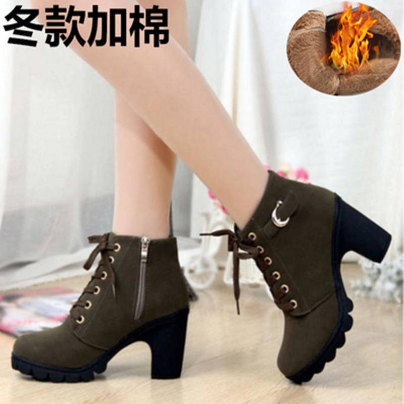 Giày Boot Cao Gót Cổ Ngắn Cột Dây Chất Liệu Cotton Phong Cách Hàn Quốc Hàng Mới Thời Trang Thu Đông Cho Nữ