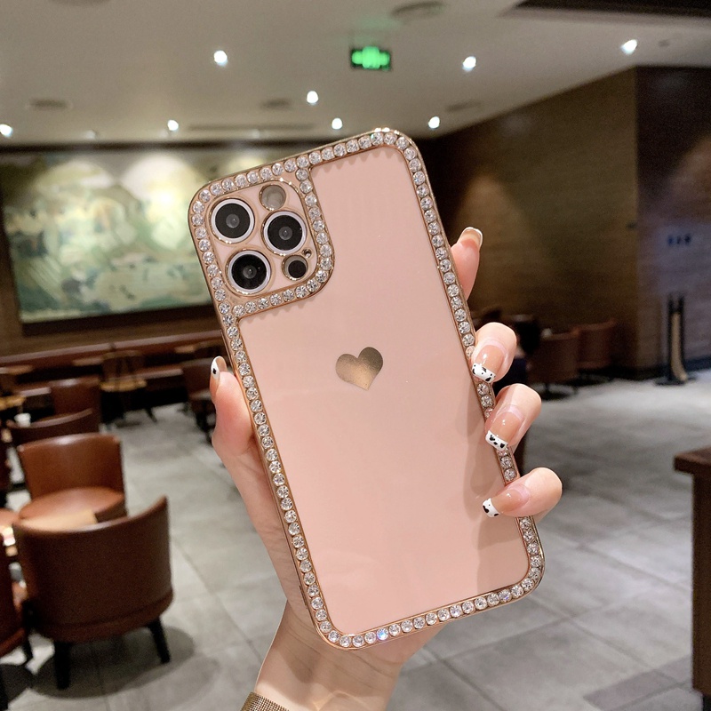 Ốp Điện Thoại Họa Tiết Trái Tim Đính Đá Lấp Lánh Sang Trọng Cho Iphone 12 11 13 Pro Max X XR XS Max 7 8 Plus SE 2020