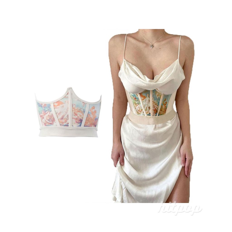 Hitpop-Women Fitness Waist Trainer, Oil Painting Print Elastic Corset Cincher Shaper with Chest Support for Girls,