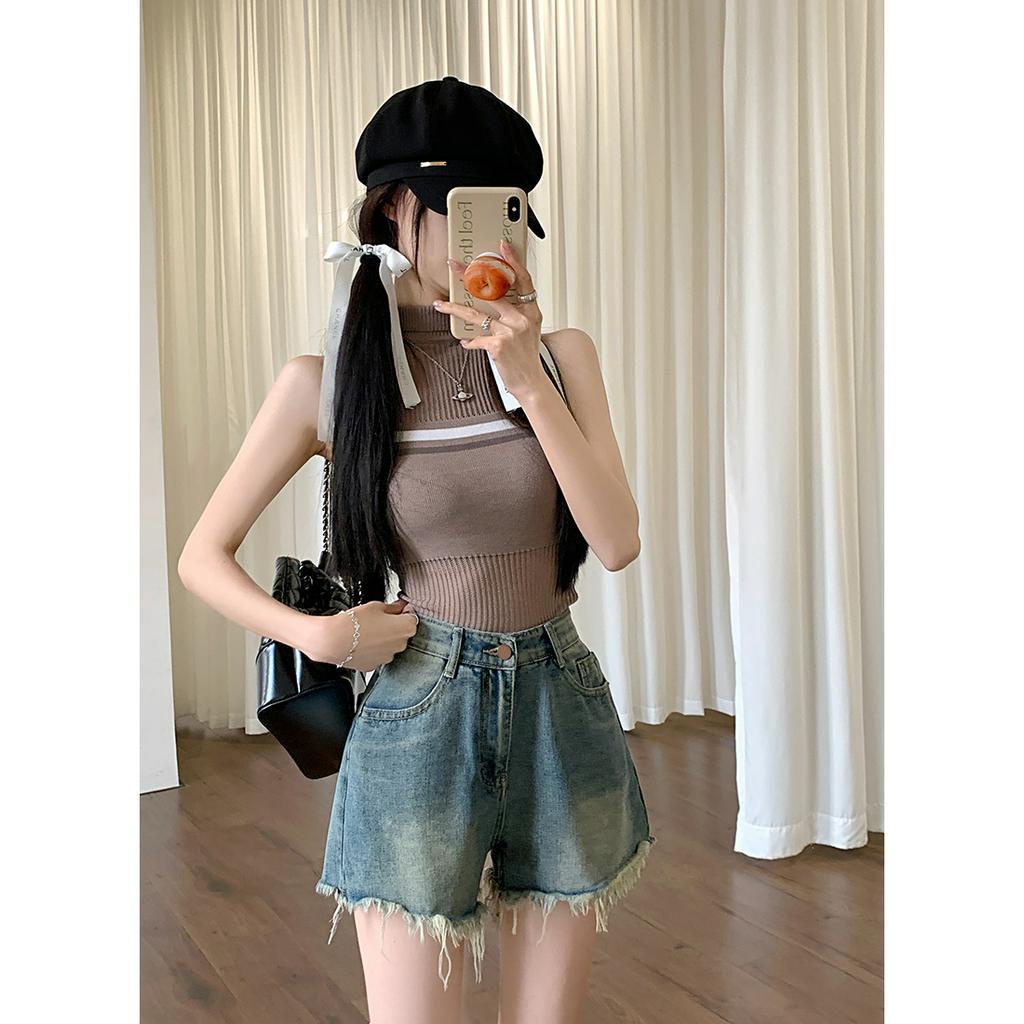 Quần Short denim Lưng Cao Phối Tua Rua Phong Cách retro