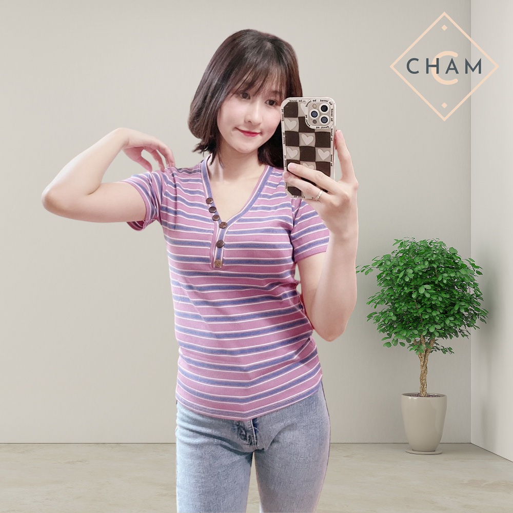 Áo phông nữ mùa hè Cham áo cộc tay cổ tim siêu co dãn kẻ ngang | BigBuy360 - bigbuy360.vn