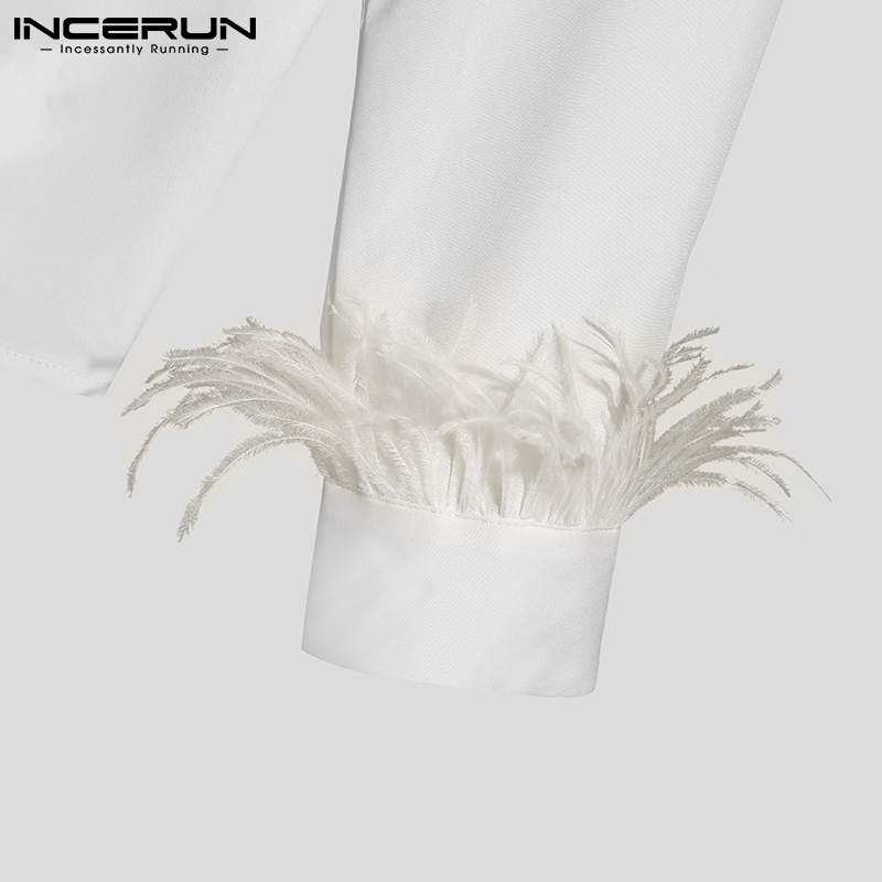 Áo sơ mi INCERUN dáng rộng tay dài màu trắng đính lông vũ cho nam