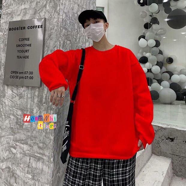 Áo Sweater Trơn Ulzzang Unisex Màu Đỏ Chất Nỉ Bông Cao Cấp Dáng Rộng Nam Nữ - MM