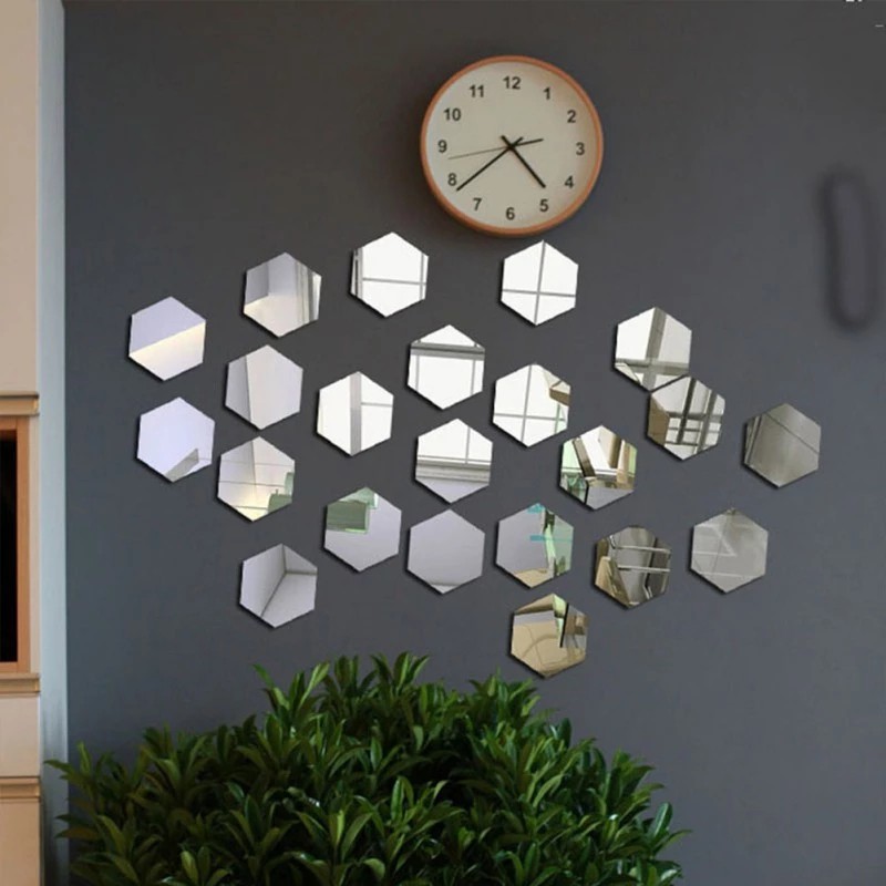 Miếng dán tường tráng gương hình lục giác 3D bằng acrylic độc đáo trang trí nhà cửa DIY
