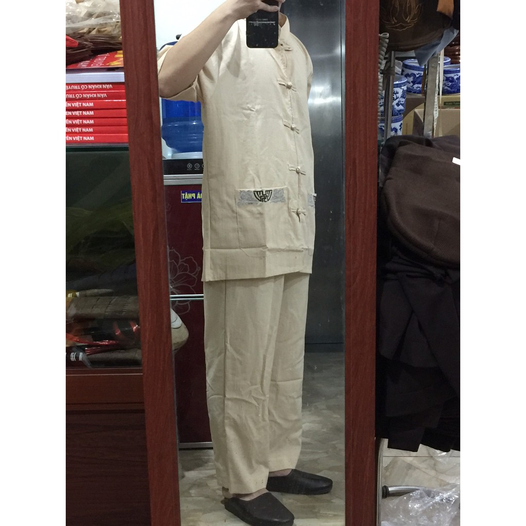 Bộ Đũi Cổ Tàu Đi Chùa - Lãnh Tụ Cộc Tay (Có Túi Quần, Áo) (Ảnh Thật) rẻ cho Phật Tử Nam Nữ (Ba Huê)