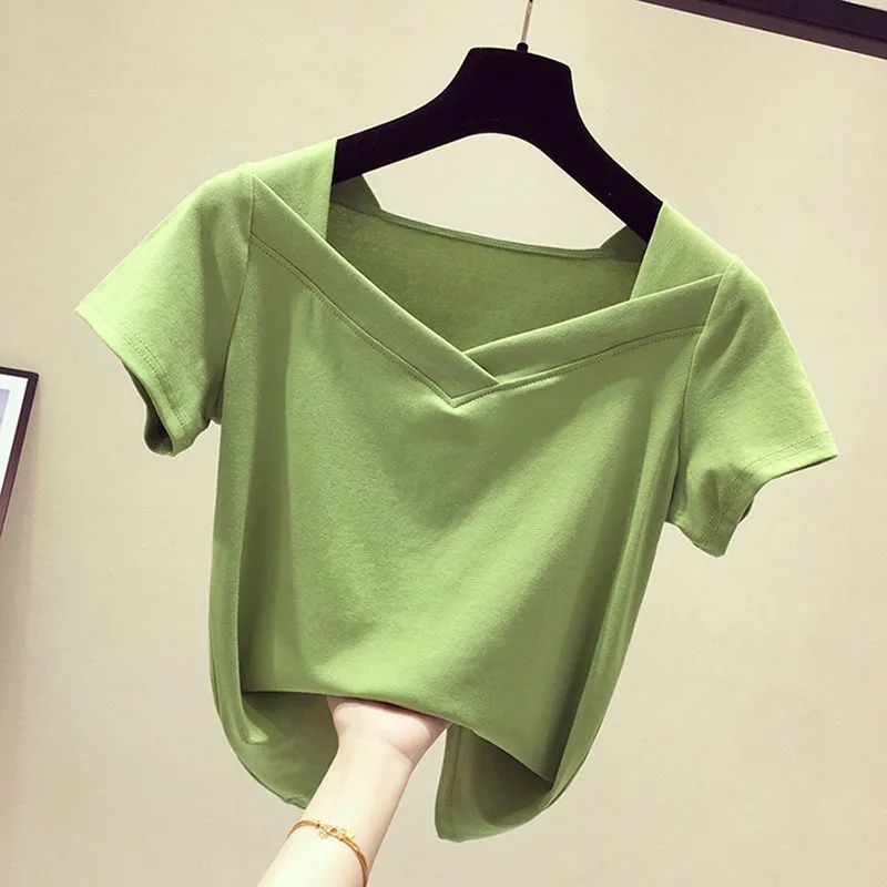 Áo Thun Cotton Tay Ngắn Cổ Chữ V Màu Sắc Trơn Phong Cách Hàn Quốc Dành Cho Nữ