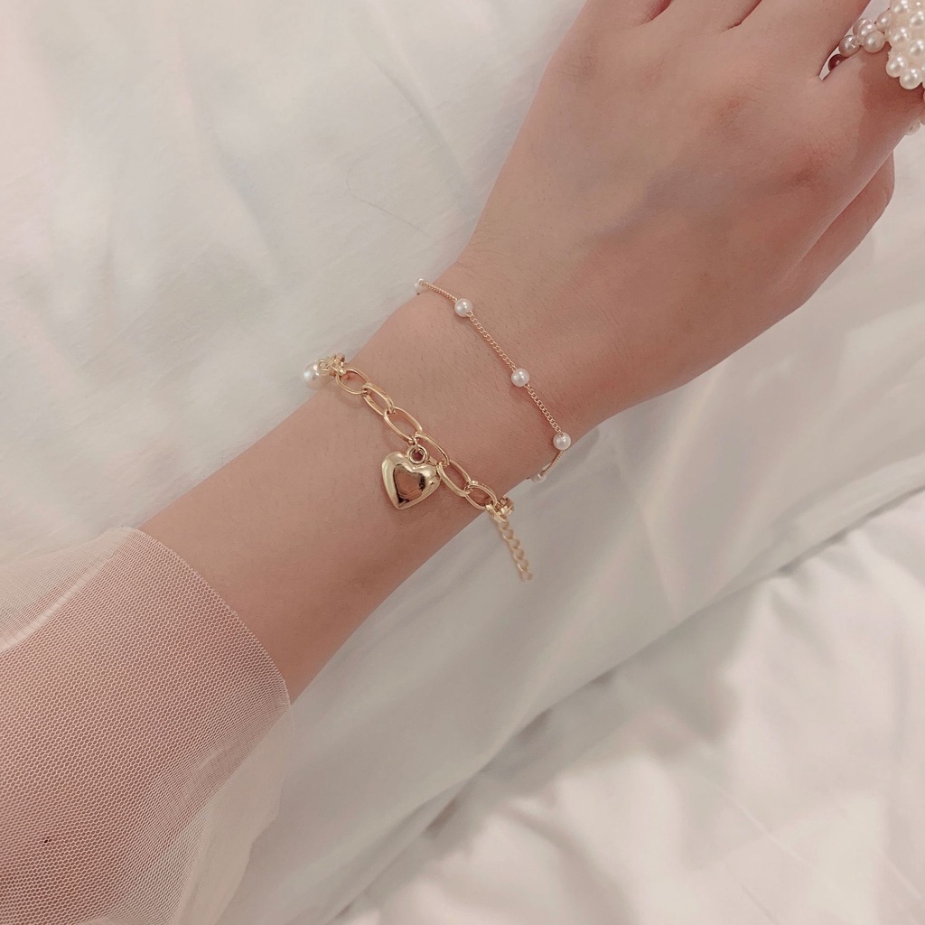 Vòng Tay Nhiều Lớp Đính Hạt Ngọc Trai Và Trái Tim Đơn Giản Dễ Thương Cho Nữ